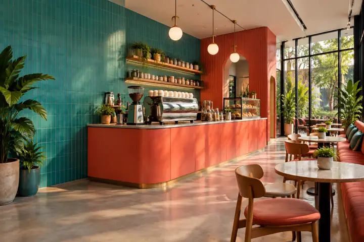 Interior kafe LARAS dengan meja bar koral dan dinding toska